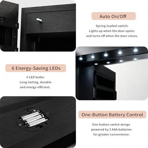 6 LEDs Mirror Jewelry Cabinet, Over the Door Jewelry Organizer with Full Length Mirror, Wall Mounted or Door Hanging Jewelry Box with Storage - Image 6