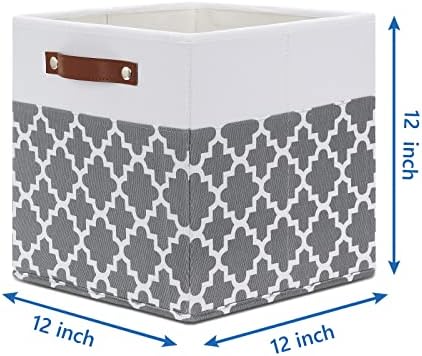Temary 12x12x12 Fabric Storage Bins 4 Pack with Leather Handle, Foldable Cubes Storage Box Baskets for Closet, Shelf (White&Lattice) - Image 2