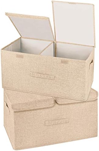 2 Pack Large Storage Boxes with Lids and Handles, Collapsible Linen Storage Bins Organizer Containers Baskets Cube with Removable Divider for Home Bedroom Closet Office (Khaki, Large) by Unknown