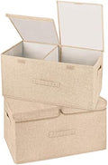2 Pack Large Storage Boxes with Lids and Handles, Collapsible Linen Storage Bins Organizer Containers Baskets Cube with Removable Divider for Home Bedroom Closet Office (Khaki, Large) by Unknown