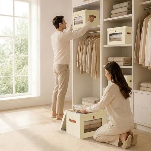 Homsorout Storage Bins with Lids - Front Opening Storage Box with Clear Window & Handles, Stackable Foldable Fabric Bins for Closet Organization, Clothes, Sweaters, Towels, Blankets, 4 Pack, Beige - Image 6