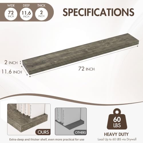 Acovy 72 Inch Floating Shelves, 12" Deep Floating Shelf Wall Mounted, 72" Wall Shelves, Rustic Deep Bookshelf, Extra Deeper & Thicker Display Shelves for Bedroom, Living Room, Set of 2 - Image 3