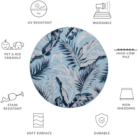 SAFAVIEH Washable Rug Outdoor Cabana Collection - 4' Round, Aqua & Navy, Non-Shedding & Easy to Clean, Ideal for Patio, Backyard, Mudroom (CBN452J) - Image 5