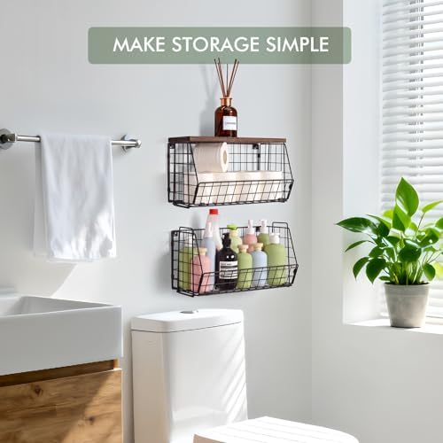 Wall Hanging Baskets 2 Pack Wooden Top Floating Wire Shelves (Extra Large) - Image 6