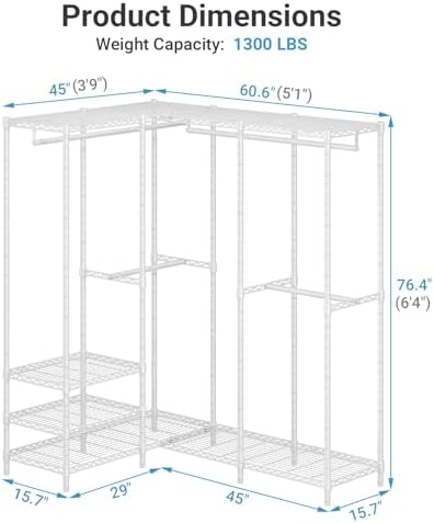 VIPEK L40 Plus Garment Rack L Shaped Clothes Rack for Corner, Freestanding Portable Wardrobe Closet Heavy Duty Clothing Rack for Hanging Clothes, 60.6"L x 45"W x 76.4"H, Load Capacity 1300LBS, White - Image 5
