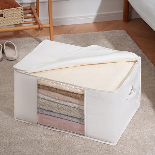 TYEERS Large Storage Bags with Zipper and Clear Window, Cotton Blended Fabric Storage Containers for Seasonal Clothes and Bedding, 23.6x15.7x13.8 Inches, 8-Pack, Beige - Image 4