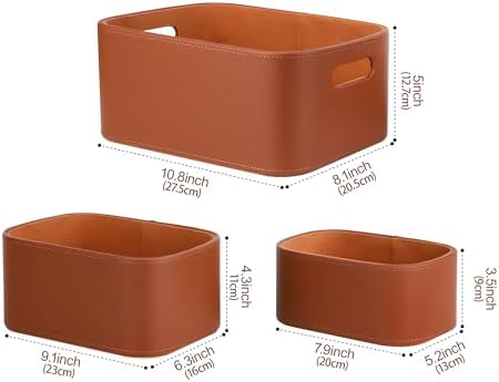 HofferRuffer Faux Leather Storage Baskets Bins with Velvet Lining for Organizing, Storage, Gifts, Set of 3 Nesting Shelf Baskets Decorative Storage Boxes for Home Organization (Brown) - Image 2