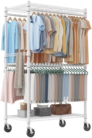 Homdox Heavy Duty Rolling Clothes Rack, Adjustable Clothing Rack for Hanging Clothes, Portable Closet Rack with 4 Hanging Rods, 2 Storage Shelves, 35.5" W x 20.5" D x 80" H, White by HOMDOX