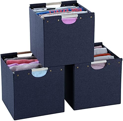 HOONEX Collapsible Storage Bins, 12x12x12in Storage Cubes Linen Fabric, 3 Pack, Storage Baskets with Wooden Carry Handles and Sturdy Heavy Cardboard, for Home, Office, Car, Nursery, Blue by HOONEX