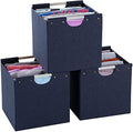 HOONEX Collapsible Storage Bins, 12x12x12in Storage Cubes Linen Fabric, 3 Pack, Storage Baskets with Wooden Carry Handles and Sturdy Heavy Cardboard, for Home, Office, Car, Nursery, Blue by HOONEX