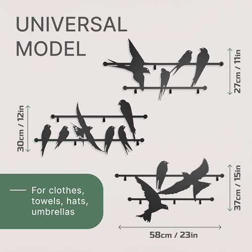 Entrance Wall Mounted Coat Rack 3pcs Metal Design Style Birds 23x40 Inches - Heavy Duty Hallway Hanger Hooks for Kids and Adults, Decorative Art Deco Iron Wardrobe Holder, Slim Stylish Steel Panels - Image 6
