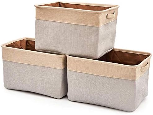 EZOWare Set of 3 Large Canvas Fabric Tweed Storage Organizer Cube Set W/Handles for Nursery Kids Toddlers Home and Office - 15 L x 10.5 W x 9.4 H -Gray/Cream by EZOWare