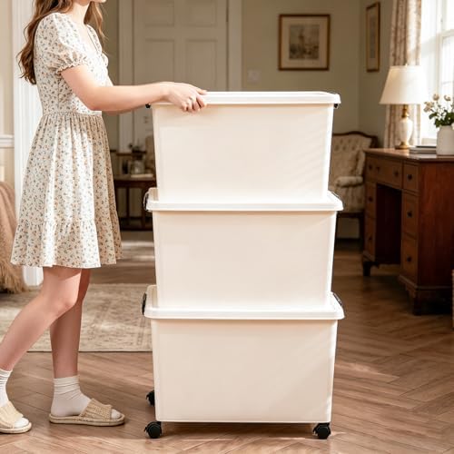 106 Quart Large Plastic Storage Bins with Wheels, 3 Pack, 26x18.5x15.4 Inch, Heavy Duty PP Storage Containers with Handles, Stackable Closet Organizers for Clothes, Bedroom & Home Organization - Image 2
