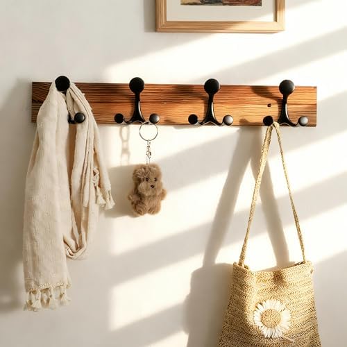 SKOLOO 24-Inch Wood Coat Rack Wall Mount with 4 Triple Hooks - Ideal for Family Entrances, Classrooms, and Pet Supplies Storage - Perfect Coat Hooks for Wall,Charred Golden Brown, Pack of 2 - Image 3