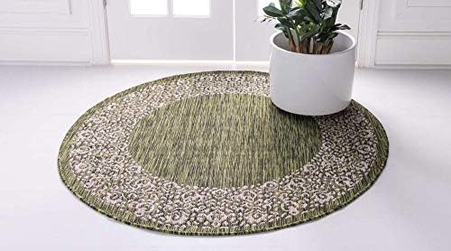 Unique Loom Outdoor Border Collection Area Rug - Floral Border (4' 1" Round, Green/ Ivory) - Image 2