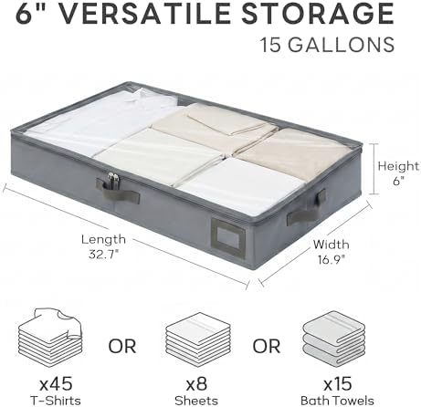 6" Versatile Under Bed Storage Bins (3-Pack, Charcoal Grey), Sturdy 600D Oxford Fabric Clothes Organizer Containers with Matching Vegan Leather Handles for Sweaters, Linens & Bedding - Image 2
