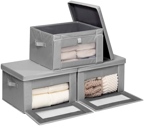 Thick Fabric Storage Bins with Lids, Collapsible Storage Box Closet Shelf with Clear Window, Decorative Baskets for Clothes, 3 Set, Grey, Medium by Unknown