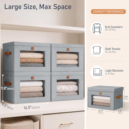 DIMJ Storage Bins with Lids - 6 Pack Front Opening Stackable Fabric Storage Boxes with Clear Window & Handles, Collapsible Closet Organizers for Clothes, Sweaters, Shelf Storage, Bedroom, Gray - Image 6