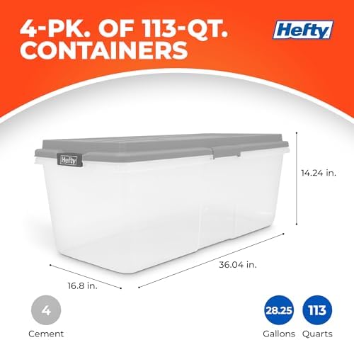 Hefty 113 Qt Hi-Rise Storage Bin with Lid, Stackable Plastic Storage Container, Organizer for Home, Garage & Closet, 4 Pack, Gray - Image 3