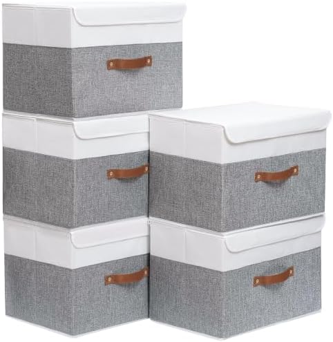 Yawinhe Fabric Storage Boxes with Lids,White/Grey,15.0x9.8x9.8in,5-Pack by Yawinhe