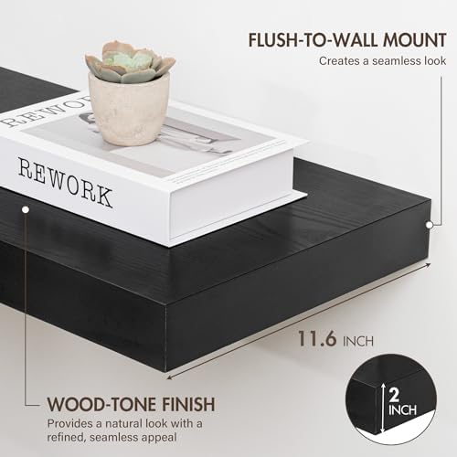 Acovy 40 Inch Floating Shelves, 12" Deep Floating Shelf Wall Mounted, 40" Wall Shelves, Rustic Deep Bookshelf, Extra Deeper & Thicker Display Shelves for Bedroom, Living Room, Black, Set of 2 - Image 3