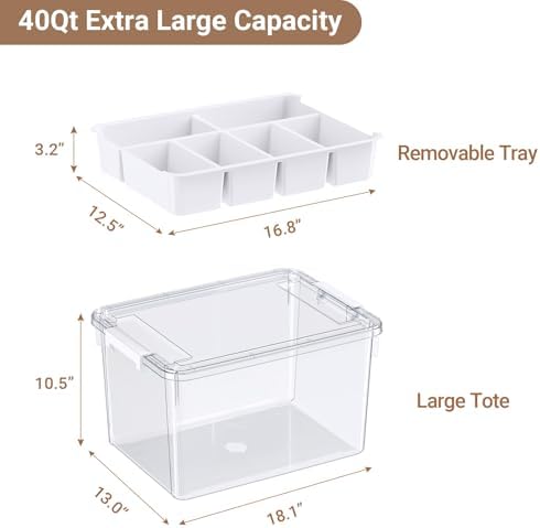40Qt Plastic Storage Bin with Lid, Clear Latching Organizers Box with Removable Tray, Large Portable Storage Container, for Holiday Ornaments, Home Organization, 1Pack - Image 2