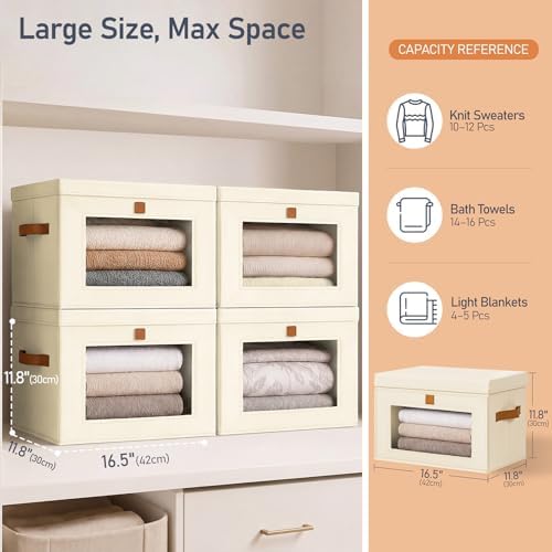 DIMJ Storage Bins with Lids - 4 Pack Front Opening Stackable Fabric Storage Boxes with Clear Window & Handles, Collapsible Closet Organizers for Clothes, Sweaters, Shelf Storage, Bedroom, Beige - Image 6