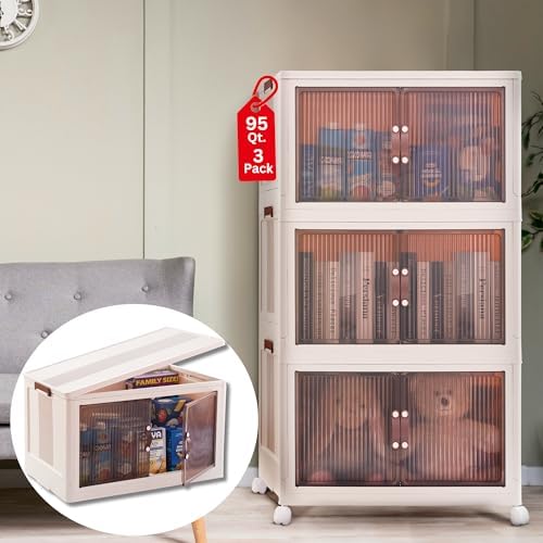 95 QT (285 QT Total) Stackable Storage Bins with Doors – 3 Tier Plastic Cabinet with Doors – Magnetic closure Foldable Storage Bins with Lids & Wheels –Collapsible Organizer with Leather Handles by Proktik