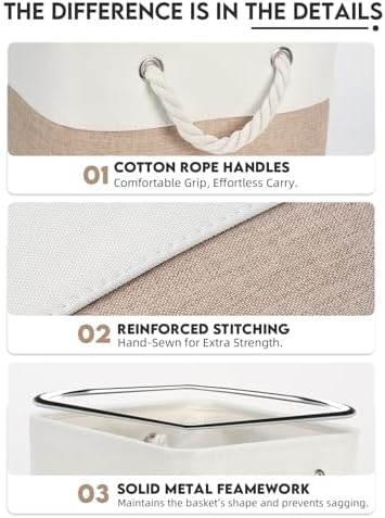 Temary 6-Pack Cube Storage Bins, 11 Inch Foldable Fabric Storage Cubes with Cotton Rope Handles, Sturdy Linen Organizer Baskets with Metal Frame for Shelves, Closet, Nursery (White&Khaki) - Image 3