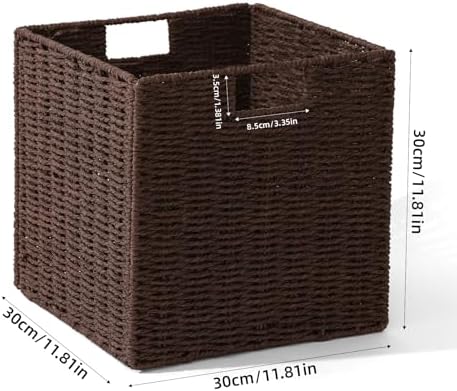 12x12x12 Inch Wicker Storage Basket, Set of 2 Hand-Woven Paper Rope Wicker Baskets, Foldable Cube Storage Bins, Brown Storage baskets Cubes, Square Baskets for Organizing Shelves Decor - Image 3