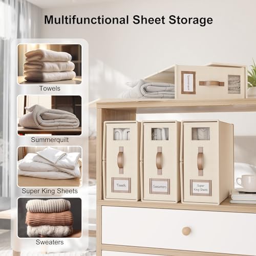 4 Pack Foldable Bed Sheets Set Organizers and Storage(Cal King Size),Linen Fabric Closet Organizers with Window,Folding Bedding Storage Box for Bedsheets and Pillow Cube Organizer-Beige - Image 2