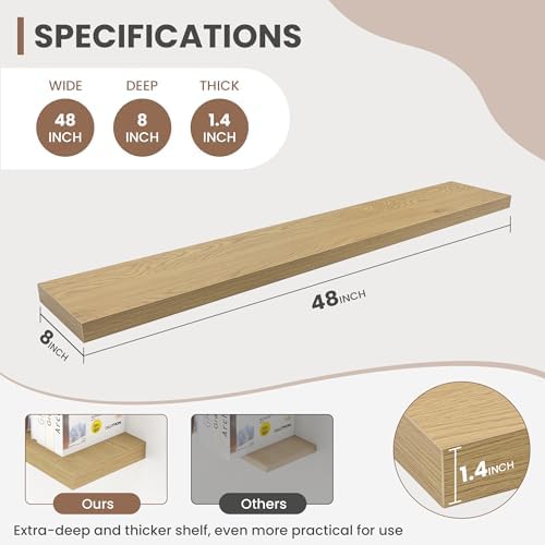 Acovy 48 Inch Floating Shelves, 8 Inch Deep Floating Shelves for Wall, Hanging Shelf with Invisible Brackets, Deep Shelves for Bathroom, Bedroom, Living Room, Oak, Set of 1 - Image 3