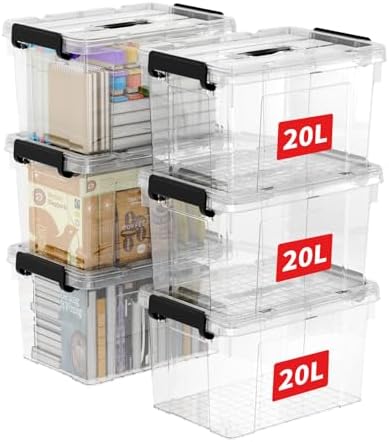 Cetomo Lidded Storage Bin with Handle, Storage Bins with Lid, Organizing Container with Secure Latching Buckles, Stackable and Nestable, Plastic, 25 Quart-6 Pack, Clear by Cetomo