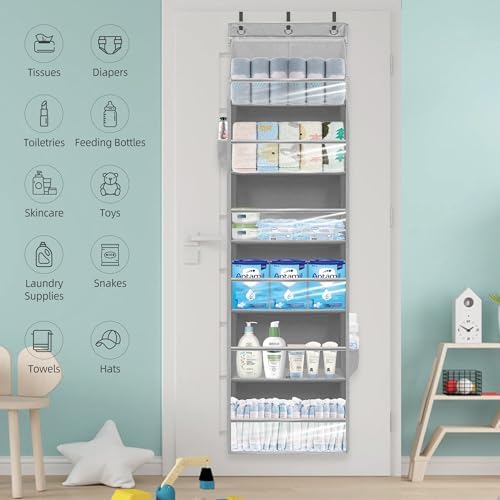 Over Door Organizer with 6 Extra Large Pockets 12 Side Pockets, Sturdy Closet Storage Rack, Hanging Storage Organizer with Clear Window for Shoes, Diapers, Bedroom, Bathroom, Grey, 3-Pack - Image 4