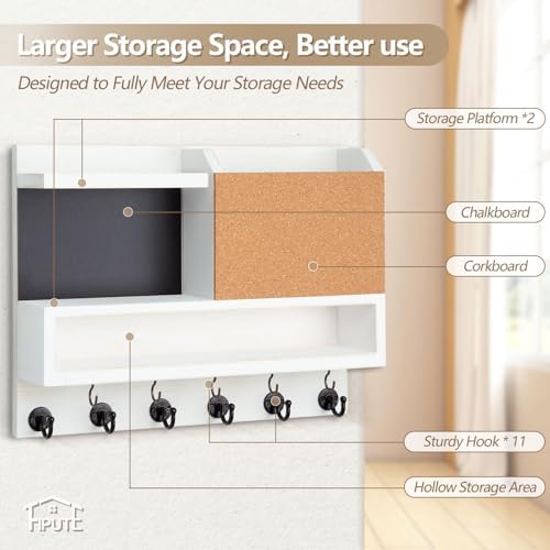 Key Holder for Wall Mount with Mail Organizer, Farmhouse Key Holder for Wall with Shelf, Chalkboard&Corkboard, Entryway Organizer 11 Metal Hooks, Decorative Natural Pine Wood, 14.6*11.1*3.3”, B-White - Image 6