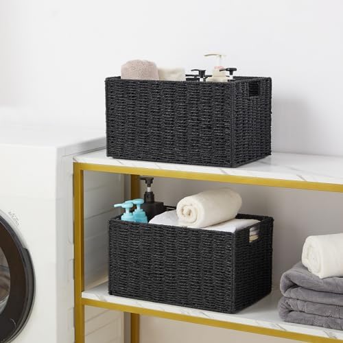 Vagusicc Wicker Storage Basket, Set of 2 Hand-Woven Paper Rope Wicker Basket, Small Storage Baskets for Organizing Toilet Paper Baskets, Foldable Large Cube Storage Organizer Bin for Shelves (Black) - Image 3