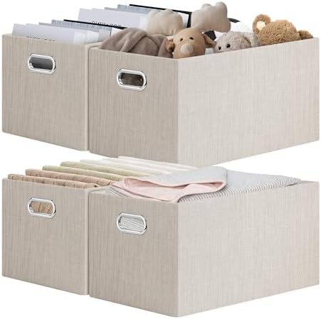 Posprica Closet Storage Bins, 4 Pack Closet Shelf Organizers, Linen Fabric Decorative Storage Baskets for Organizing, Foldable Storage Box for Clothes, 15x10.5x8.25 Inch (Beige) by Posprica