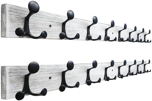 SKOLOO 43-Inch Wood Coat Rack Wall Mount with 8 Triple Hooks - Ideal for Family Entrances, Classrooms, and Pet Supplies Storage - Perfect Coat Hooks for Wall,Distressed White Wash, Pack of 2 by SKOLOO