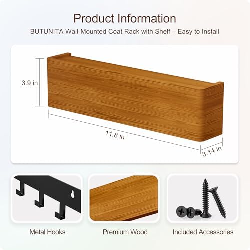 Key Holder Wall Mount with Shelf - Wooden Entryway Organizer with 4 Hooks for Keys, Coats & Hats - Wall Mounted Coat Rack for Hallway, Bathroom, Bedroom - Brown, 2-Pack - Image 2