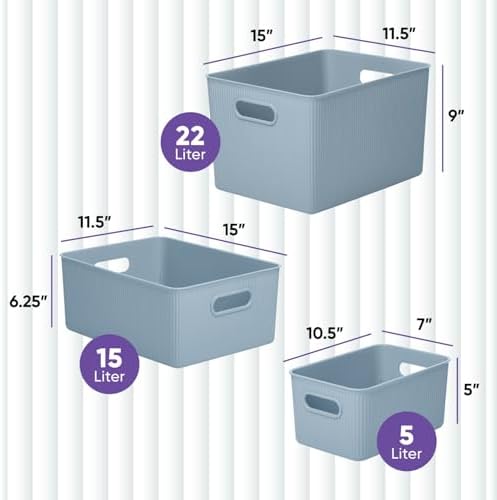Superio Ribbed Collection - Decorative Plastic Basket Open Home Storage Bins Organizer, Blue (Set of 3) 1 X-Large, 1 Large, 1 Medium - Container Boxes for Organizing Closet Storage Bins for Shelves - Image 2