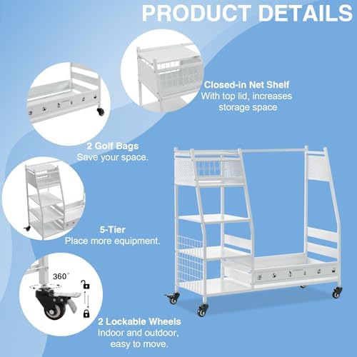 Lauren&Harold Golf Bag Organizer Garage Storage, Golf Storage Rack Stand Fits 2 Golf Bags, Golf Clubs and Other Golfing Equipment Accessories, Golf Organizer for Garage, Club, Shed, Basement - Image 4
