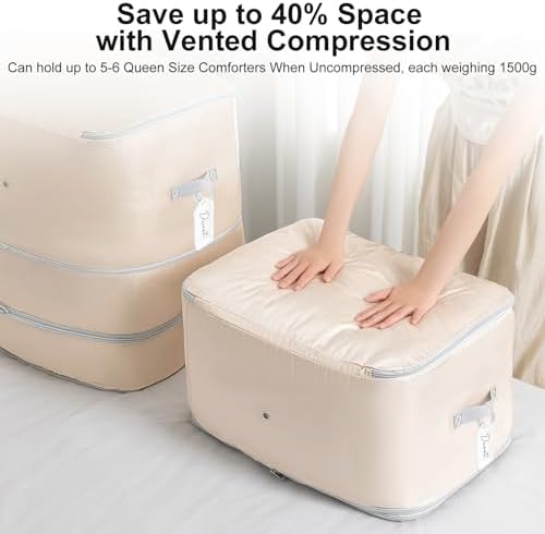 Comforter Storage Bag - 130L Large Capacity Blanket Storage Bags 3-Layer Ultra Space Saving Self Compression Organizer, Washable Compression Bags for Storage Comforter Blanket, 4-Pack, Beige - Image 3