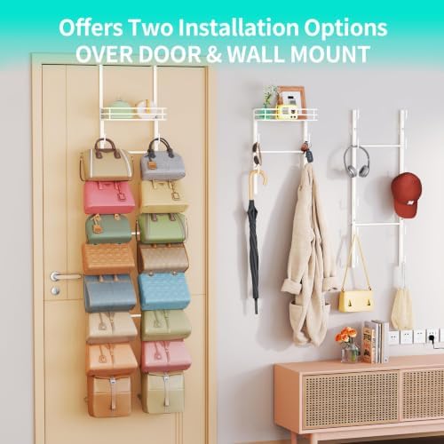 HapiRm Over the Door Purse Organizer - Wall Mounted Purse Rack with 16 Hooks and Metal Basket, Hanging Handbag Organizer Holds up to 16 Bags, Bag Rack Can Use As 1/2 Part, for Door, Closet (White) - Image 6