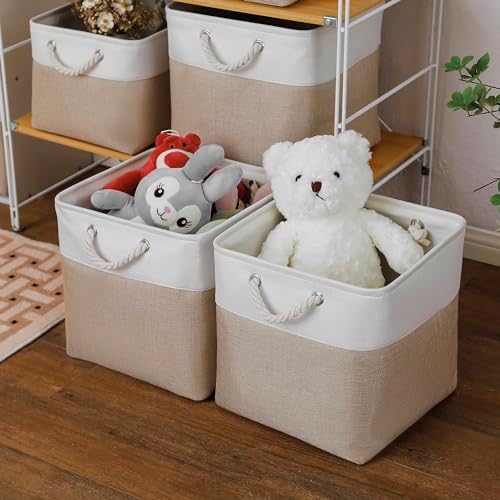 MidmmVick 13 x 13 Inch Cube Storage Bins, 6 Pack Extra Large Collapsible Fabric Storage Bin with Ropes, Foldable Storage Cubes for Home (White & Beige-13"x13"x13") - Image 3