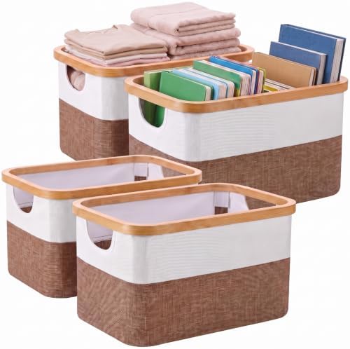 Hushee 4 Pack Bamboo Fabric Storage Bins for Shelves, 15"x10"x7.9" Collapsible Storage Baskets for Organizing, Two-Tone Foldable Bins for Clothes, Towels, Linens(White with Brown) by Hushee