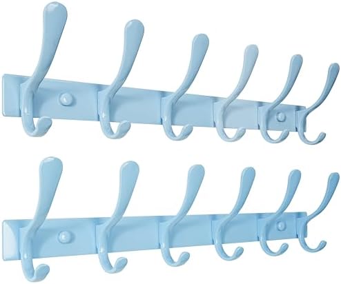SKOLOO Heavy Duty Wall Mounted Coat Rack - 6 Hooks, Stainless Steel, Pack of 2, Sturdy Coat Hooks for Hanging Clothes, Jacket, Hat, Blue by SKOLOO