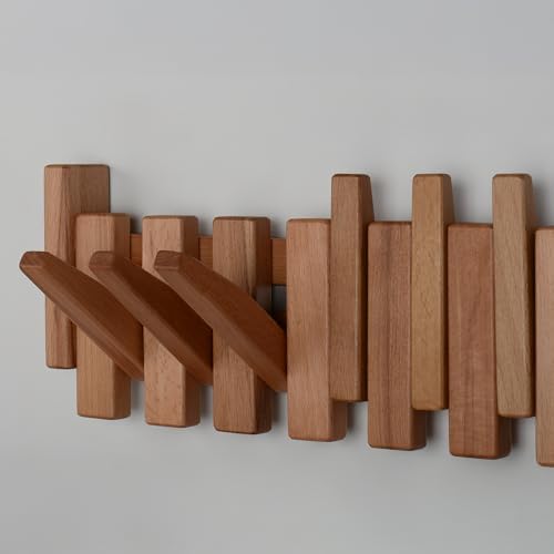 Beech Piano Key Coat Rack with 8 Flip Hooks, Natural - Image 4