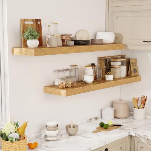 Acovy 55 Inch Floating Shelves, 12" Deep Floating Shelf Wall Mounted, 55" Wall Shelves, Rustic Deep Bookshelf, Extra Deeper & Thicker Display Shelves for Bedroom, Living Room, Set of 2 - Image 2