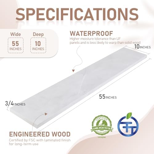 Kaboon 55 inch Long 10 inch Deep Floating Shelves for Wall Set of 2, Large Open Shelves Wall Mounted, Space Saving Home and Commercial Use, White Rock - Image 3
