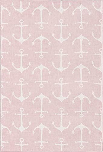 Unique Loom Outdoor Coastal Collection Area Rug - Ahoy (5' 3" x 7' 10" Rectangle, Pink/ Ivory) - Image 3